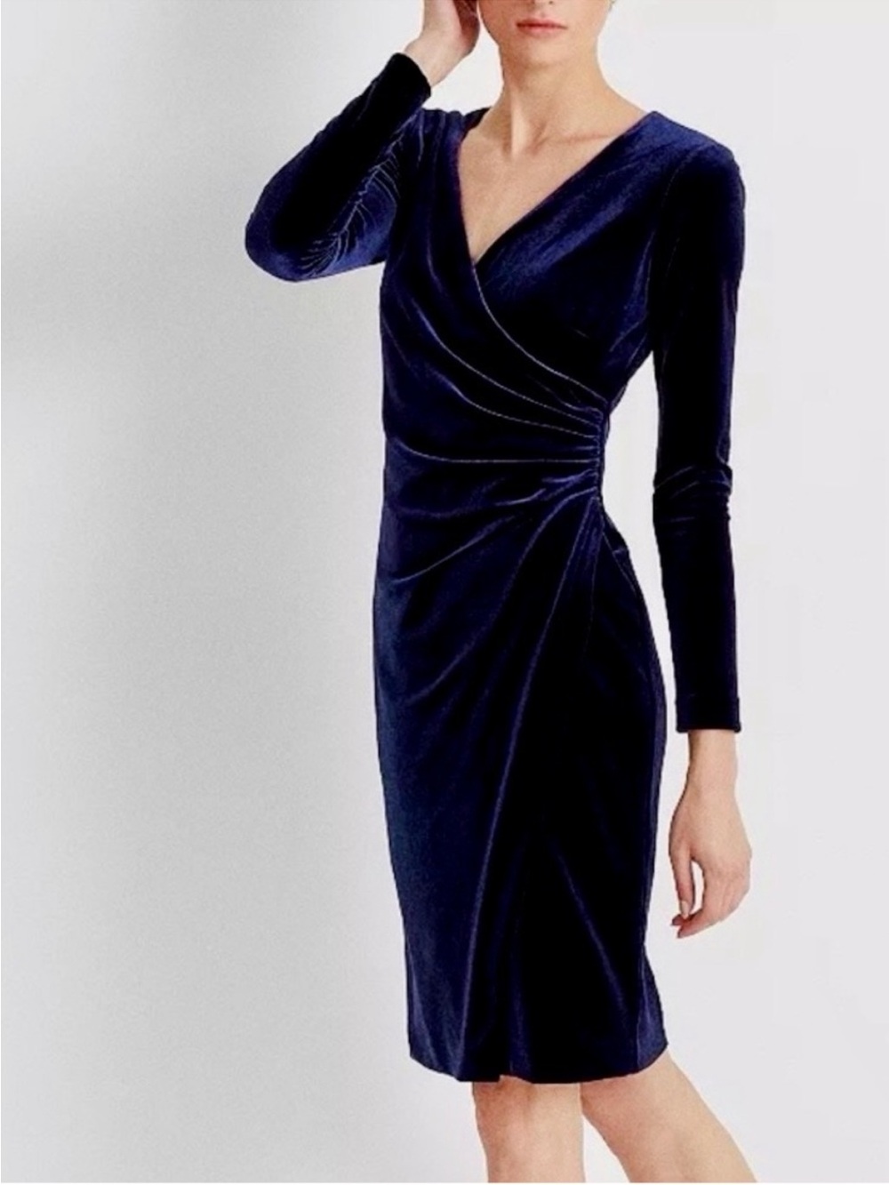 LAUREN Ralph Lauren Navy Velvet Long-Sleeve Surplice Wrap Dress Blue Size 6